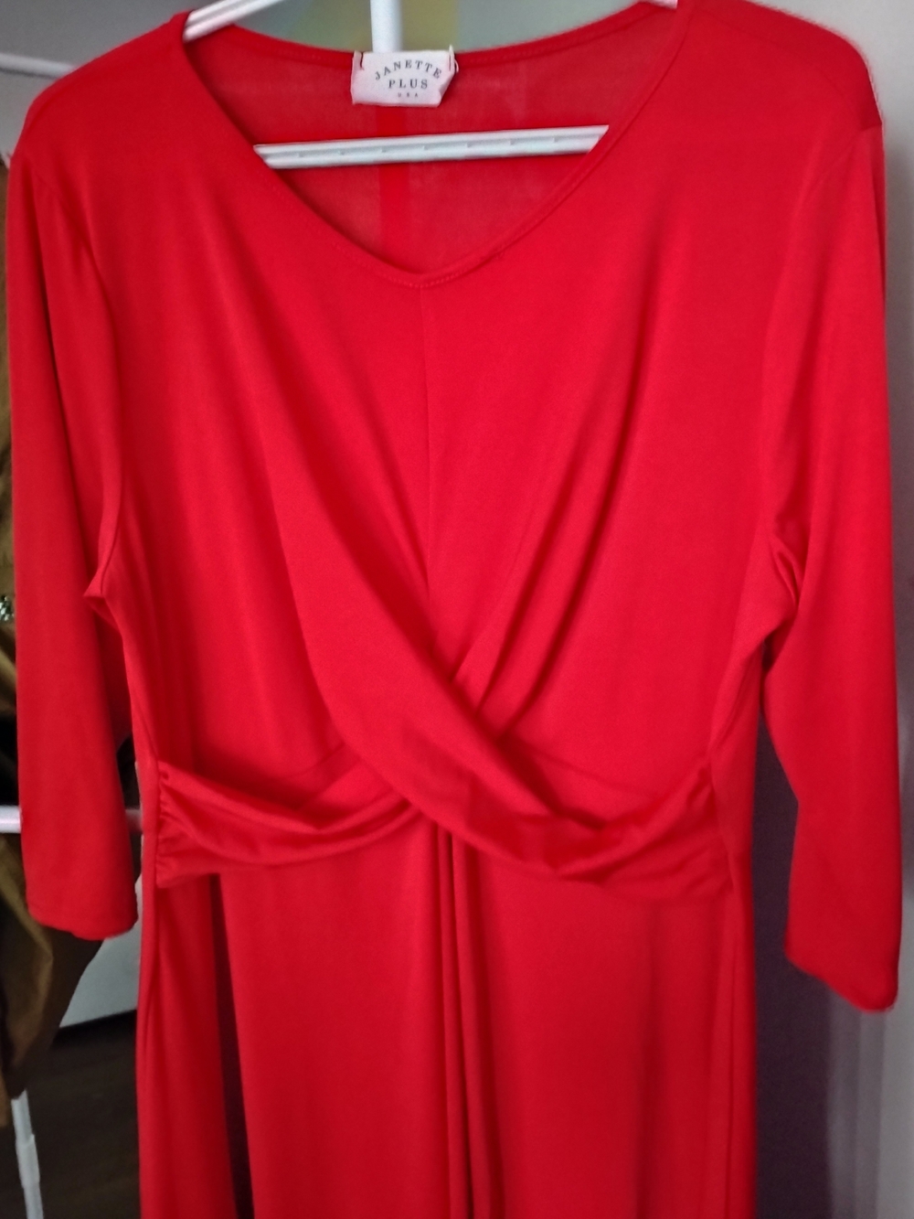 Janette Plus Women Bright Red Stretch Twist-Front V Neck Long Sleeve Midi Dress